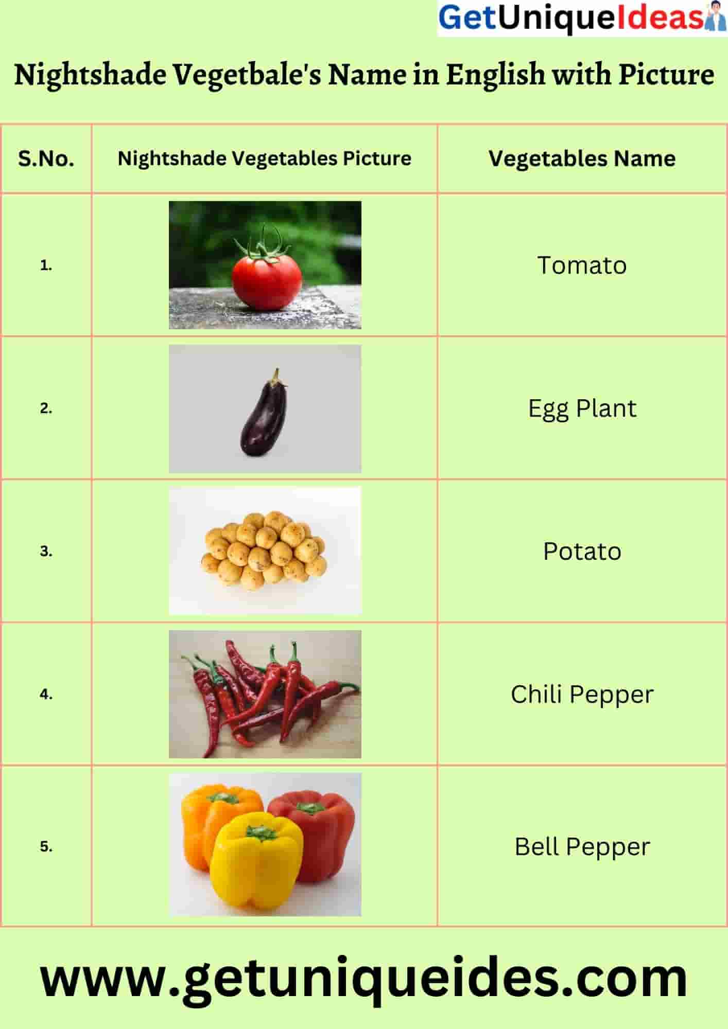 Nightshade Vegetable's Name in English with Picture
